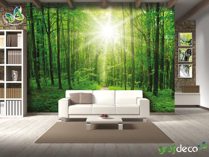 Wizualizacja fototapety las w salonie
