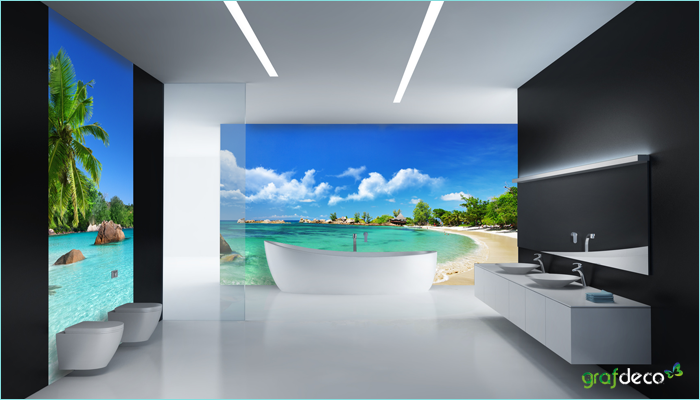 Wizualizacja fototapety z kategorii egzotyka - panorama plaży na Seszelach na ścianie w łazience
