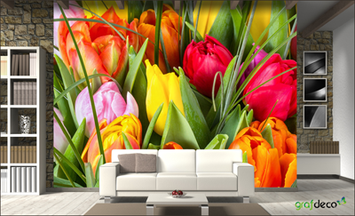 Wizualizacja fototapety kwiaty - tulipany w salonie